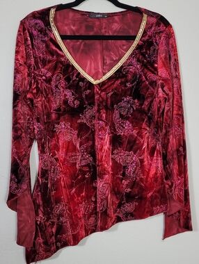 Y2K Asymmetrical Red Velvet Burnout Sequin Top Size S/M Whimsygoth Witchy Moody